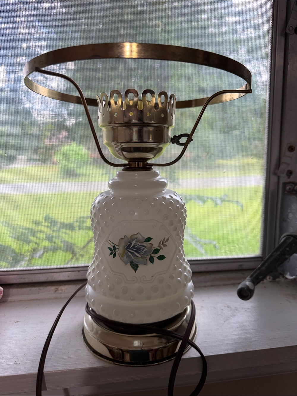 Vintage White Hobnail Milk Glass Table Lamp with Floral Motif